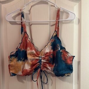 SHEIN Blue Orange Ruched Tie Front Bikini Top